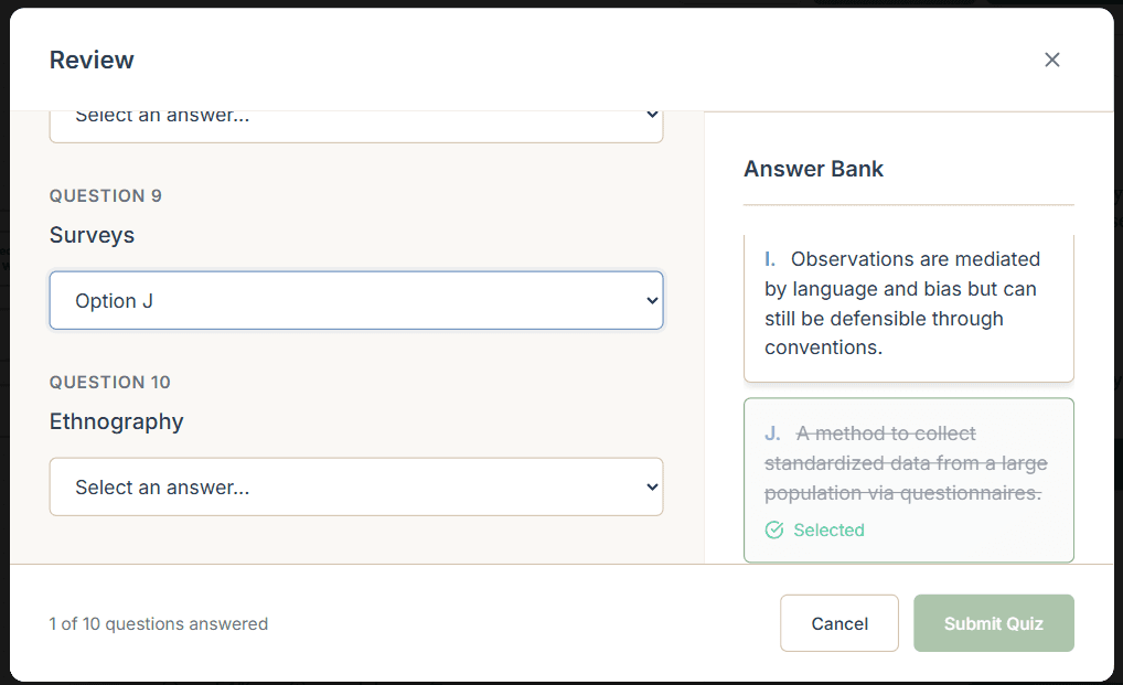 Quiz generation screen